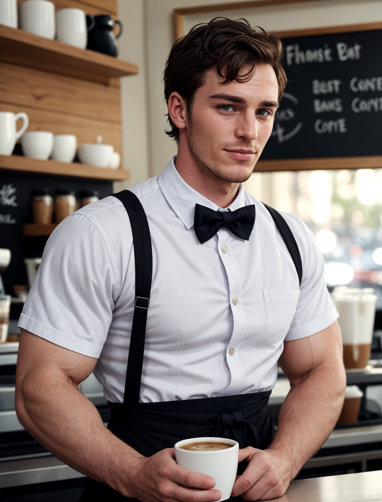 00114-614036139-1boy, barista in a french cafe, wearing a short sleeved button up shirt with a bow tie and black apron, drinking a cup of coffee.png